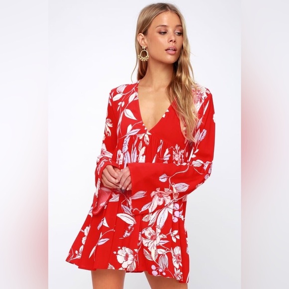 Free People ♥️ Bella Floral Print V-Neck Tunic Dress Red Boho Size Small - Picture 1 of 9